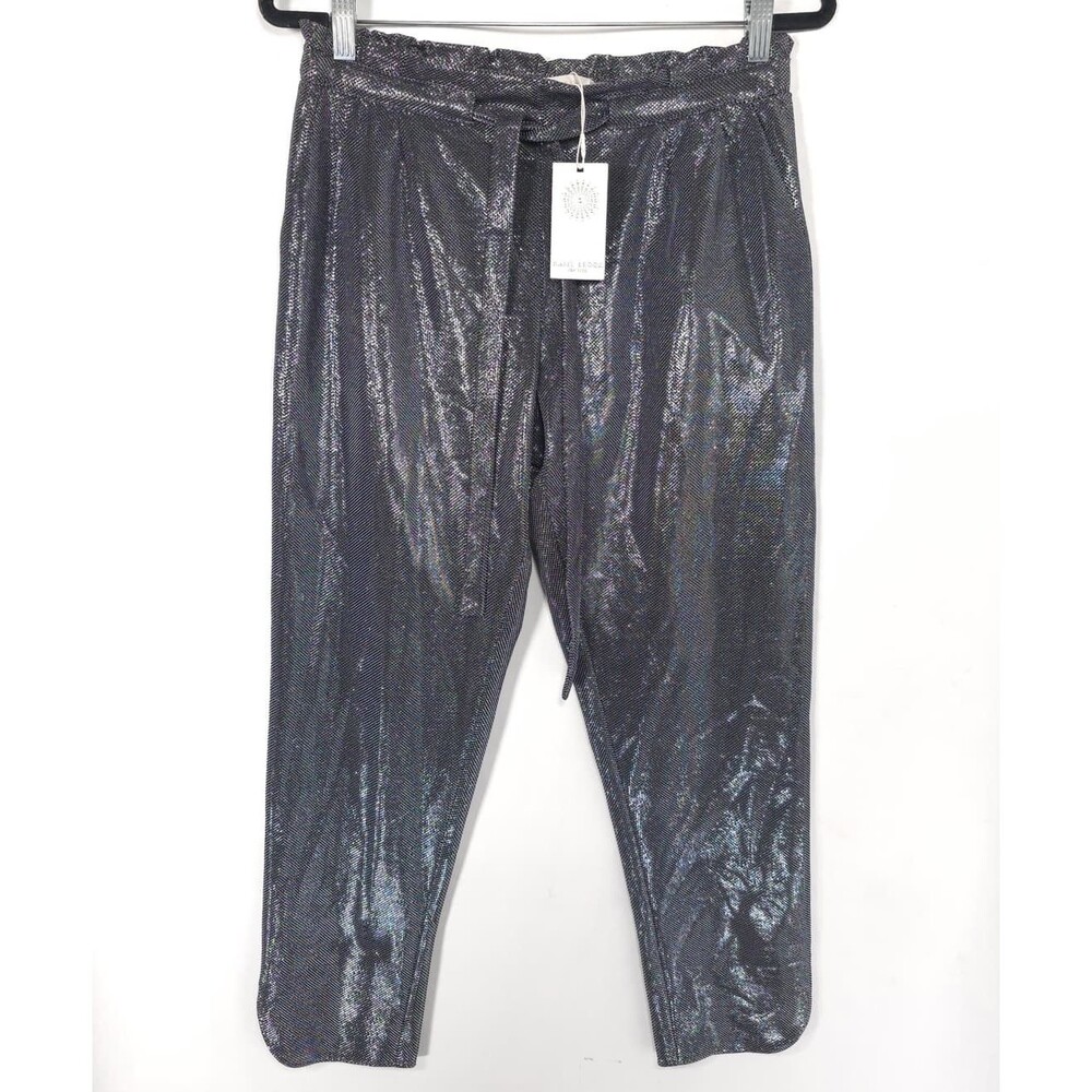 RAMI BROOK Women's New SMALL Cropped Pants Silver Tie Waist Metallic Shimmer